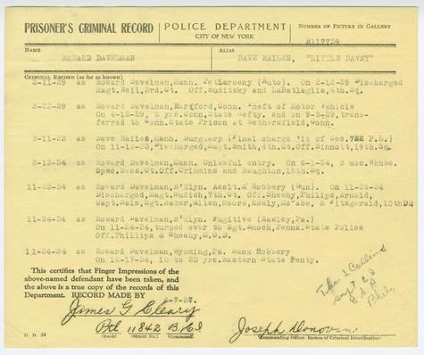 
Prisoner's Criminal Record of Howard Davelman, alias Dave Hailes, alias Little Davey