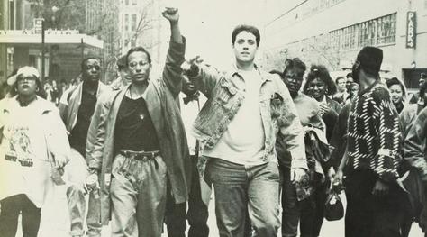 1989–90 protests: students marching down W. 59th St.