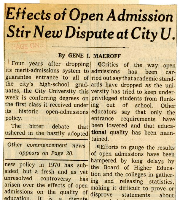 Effects of Open Admission Stir New Dispute at City U. - Clipping from the New York Times, June 7, 1974